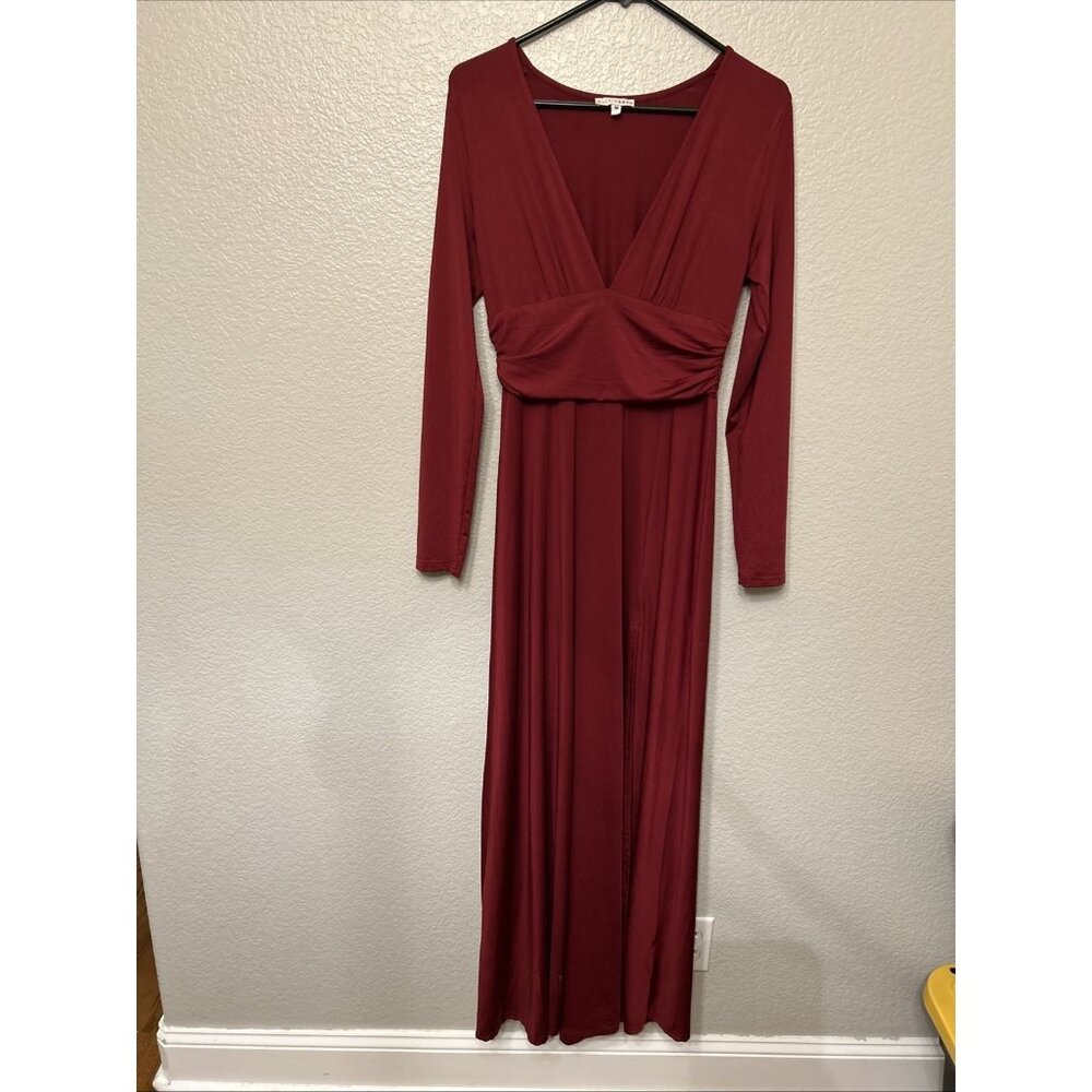 Baltic Born Women's‎ Size Medium Wine Maxi Dress Deep V Neck Ruched Waist DD3262